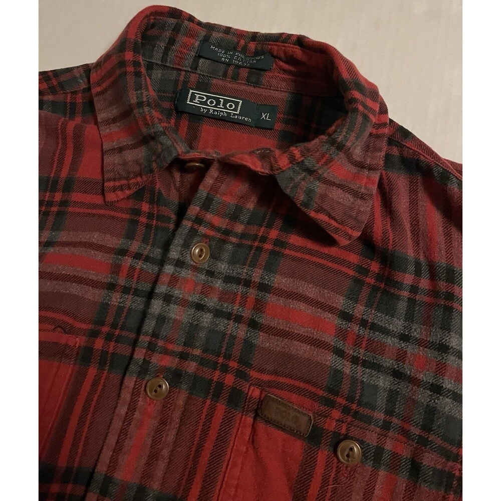 Polo Ralph Lauren Green Label Plaid Flannel Long Sleeve Shirt Leather Logo XL